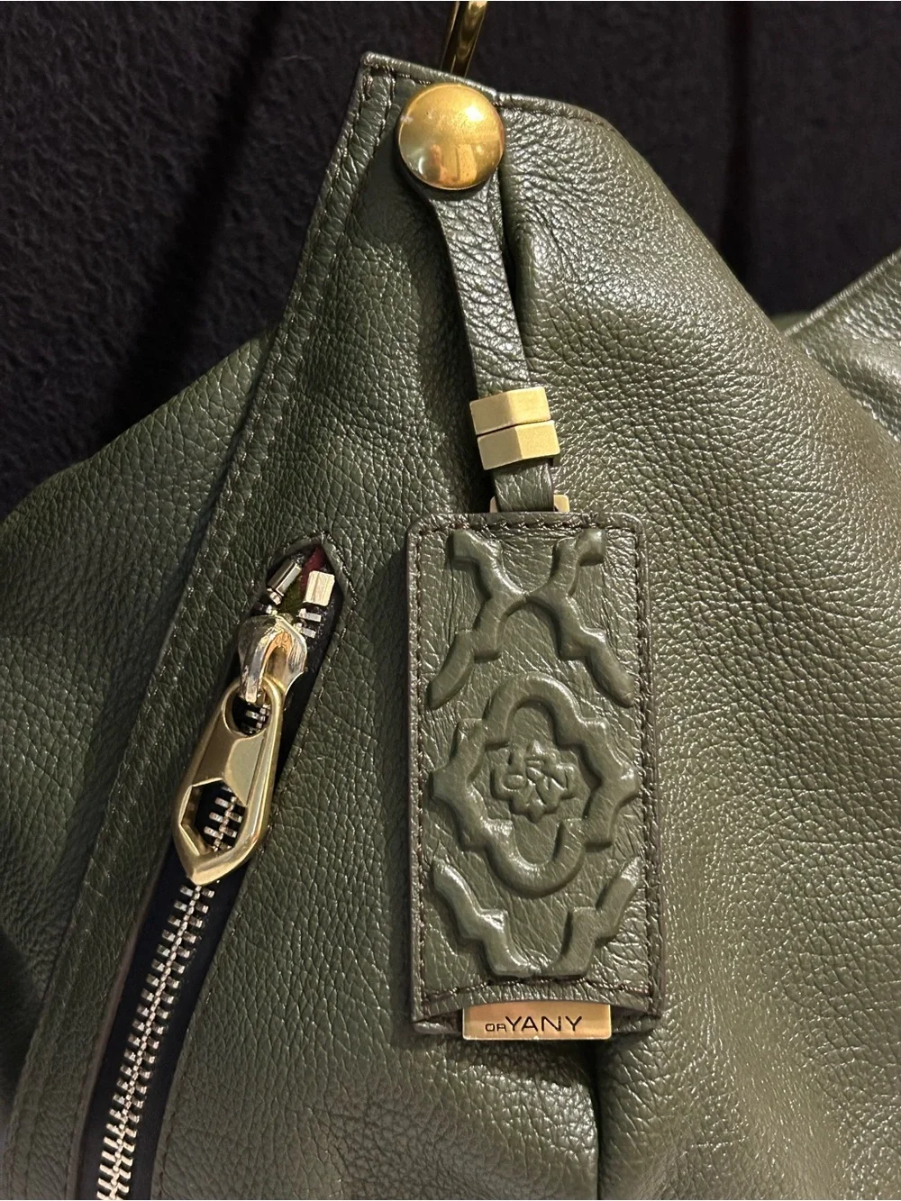 orYANY Olive Green Pebbled Leather Hobo Shoulder Bag.